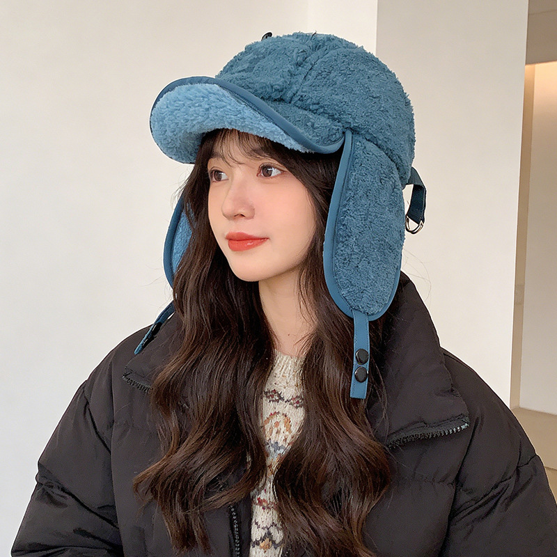 韩版仿羊羔绒雷锋帽女冬季日系保暖花朵加绒护耳帽户外防寒飞行帽