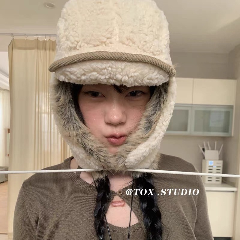 韩系羊羔毛绒护耳雷锋帽子女户外滑雪冬季加厚保暖防风飞行帽男潮